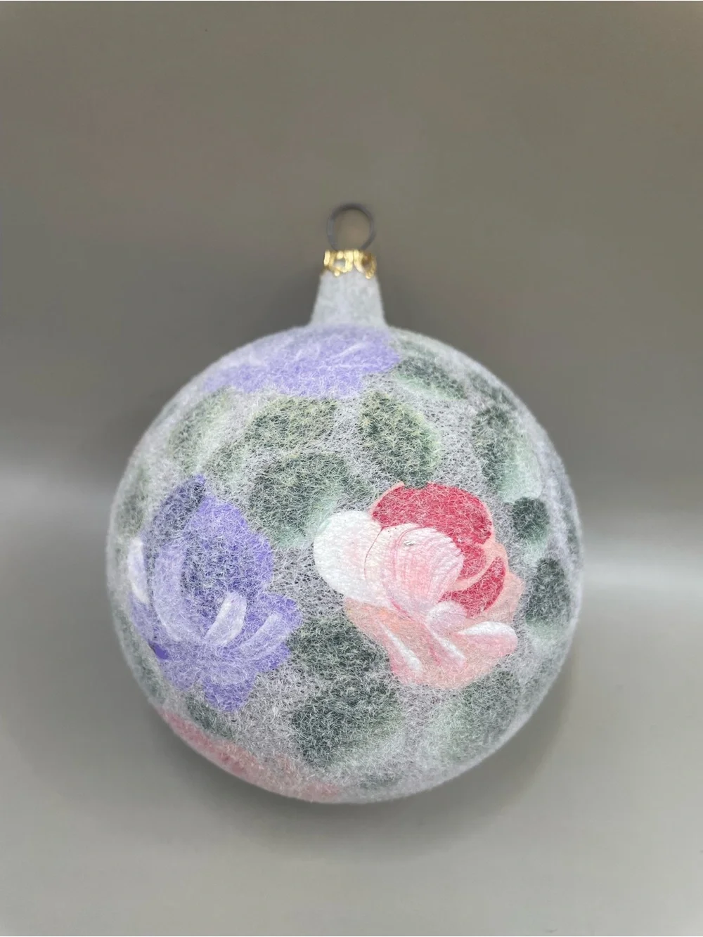 Vintage ITALY Flocked Floral Round Christmas 4” Ornament Ball Pink Purple
